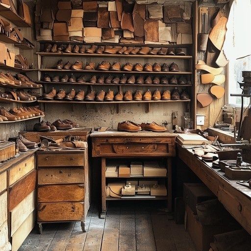 Historische Schuhmacherwerkstatt mit Regalen voller Lederschuhe und Leisten